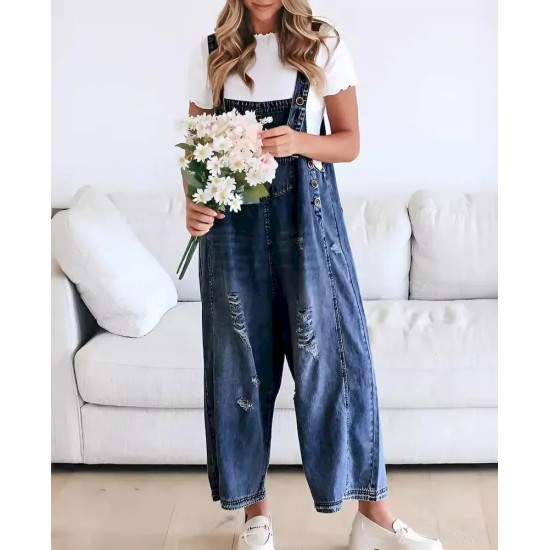 Women Fashion Retro Casual Ripped Loose Wide Leg Denim Jumpsuits Women Fashion Retro Casual Ripped Loose Wide Leg Denim Jumpsuits