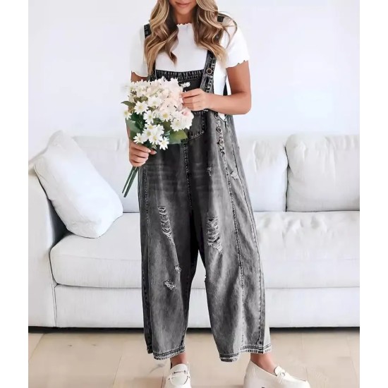 Women Fashion Retro Casual Ripped Loose Wide Leg Denim Jumpsuits Women Fashion Retro Casual Ripped Loose Wide Leg Denim Jumpsuits