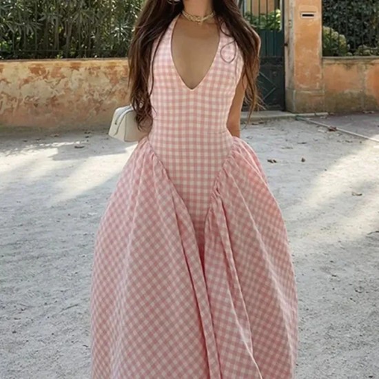 Women Fashion Elegant Grid Printed V-Neck Halter-Neck Backless Pleated Dress
