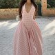 Women Fashion Elegant Grid Printed V-Neck Halter-Neck Backless Pleated Dress