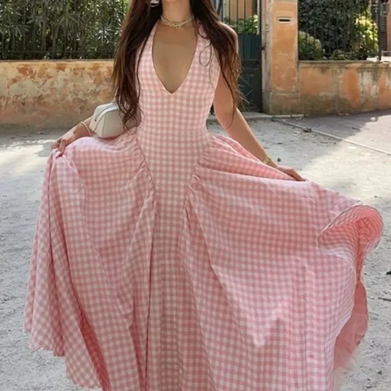 Women Fashion Elegant Grid Printed V-Neck Halter-Neck Backless Pleated Dress