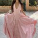 Women Fashion Elegant Grid Printed V-Neck Halter-Neck Backless Pleated Dress