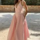 Women Fashion Elegant Grid Printed V-Neck Halter-Neck Backless Pleated Dress