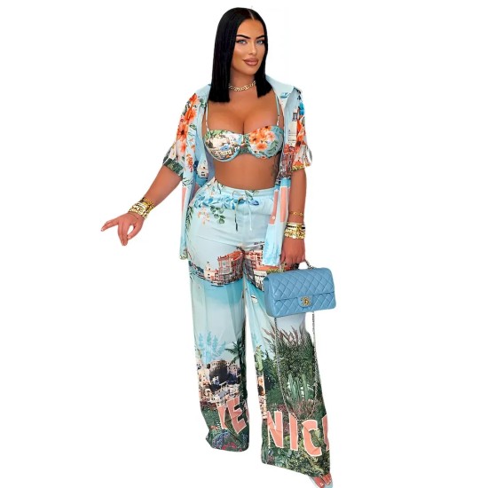 Women Fashion Sexy Vacation Printed Camisole Shorts Lapel Short-Sleeve T-Shirt Loose Pants Four-Piece Set