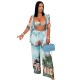 Women Fashion Sexy Vacation Printed Camisole Shorts Lapel Short-Sleeve T-Shirt Loose Pants Four-Piece Set