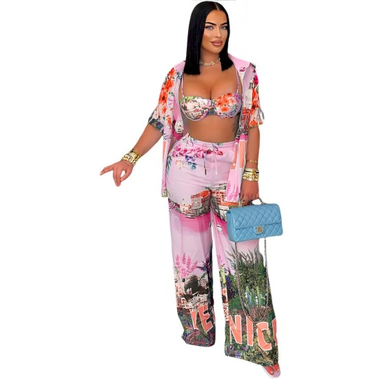 Women Fashion Sexy Vacation Printed Camisole Shorts Lapel Short-Sleeve T-Shirt Loose Pants Four-Piece Set