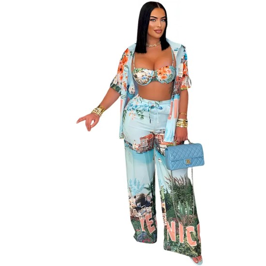 Women Fashion Sexy Vacation Printed Camisole Shorts Lapel Short-Sleeve T-Shirt Loose Pants Four-Piece Set