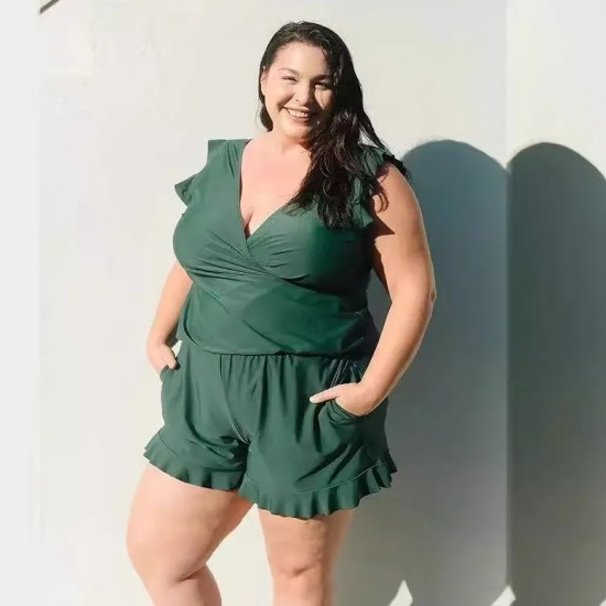 Women Fashion Sexy Plus Size Printed V-Neck Edge Curl Sleeveless Rompers Women Fashion Sexy Plus Size Printed V-Neck Edge Curl Sleeveless Rompers