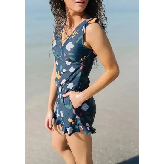 Women Fashion Sexy Plus Size Printed V-Neck Edge Curl Sleeveless Rompers Women Fashion Sexy Plus Size Printed V-Neck Edge Curl Sleeveless Rompers