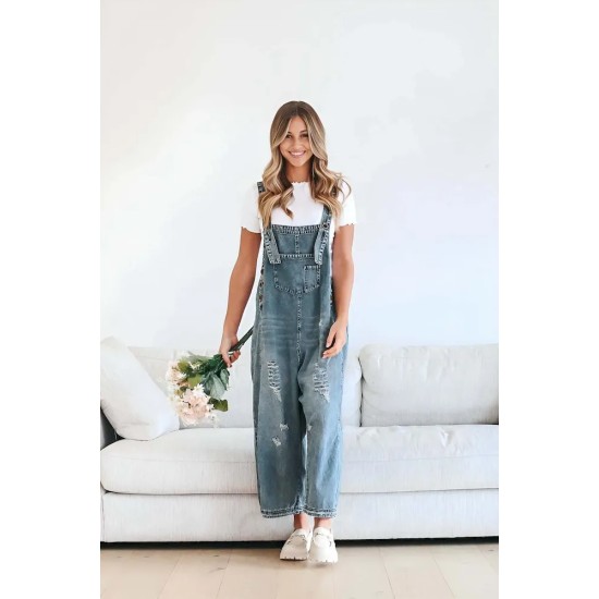Women Fashion Casual Retro Ripped Loose Wide Leg Denim Jumpsuits