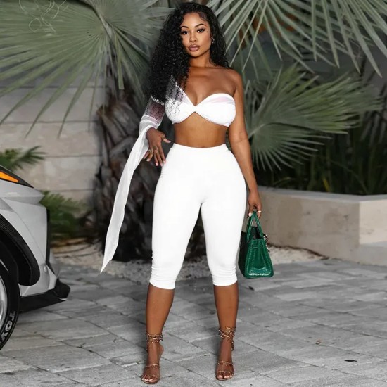 Women Fashion Sexy Irregular Mesh Single-Sleeve Tube Top Tight Pants Two-Piece Set