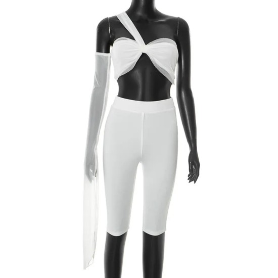 Women Fashion Sexy Irregular Mesh Single-Sleeve Tube Top Tight Pants Two-Piece Set
