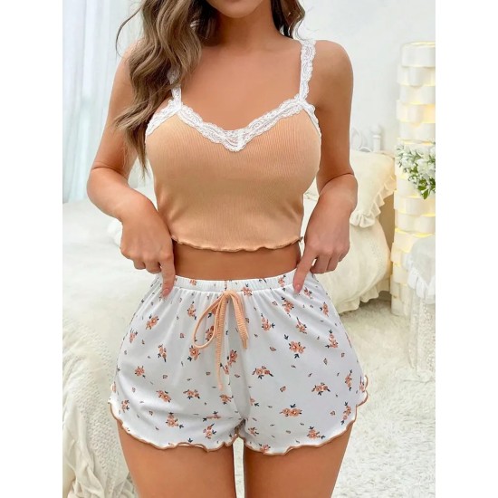 Women Fashion Sexy Lace Splicing Camisole Floral Printed Shorts Pajamas Two-Piece Set Women Fashion Sexy Lace Splicing Camisole Floral Printed Shorts Pajamas Two-Piece Set