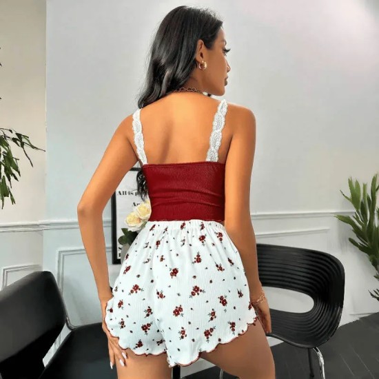 Women Fashion Sexy Lace Splicing Camisole Floral Printed Shorts Pajamas Two-Piece Set Women Fashion Sexy Lace Splicing Camisole Floral Printed Shorts Pajamas Two-Piece Set