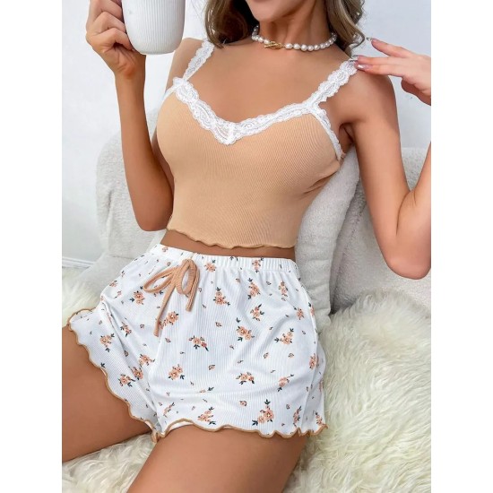 Women Fashion Sexy Lace Splicing Camisole Floral Printed Shorts Pajamas Two-Piece Set Women Fashion Sexy Lace Splicing Camisole Floral Printed Shorts Pajamas Two-Piece Set