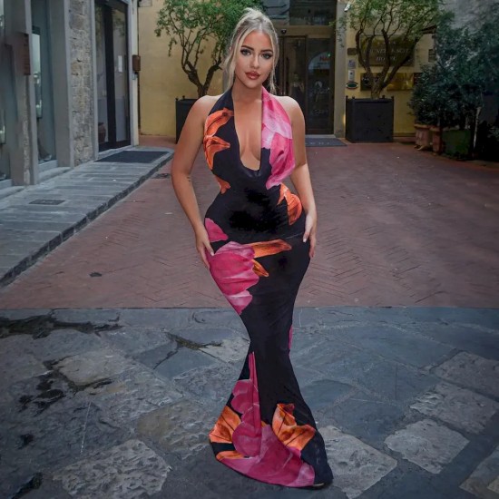 Women Fashion Sexy Printed Halter-Neck Backless Lace-Up Slim-Fit Dress Women Fashion Sexy Printed Halter-Neck Backless Lace-Up Slim-Fit Dress
