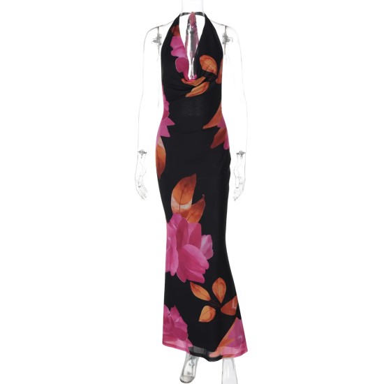Women Fashion Sexy Printed Halter-Neck Backless Lace-Up Slim-Fit Dress Women Fashion Sexy Printed Halter-Neck Backless Lace-Up Slim-Fit Dress