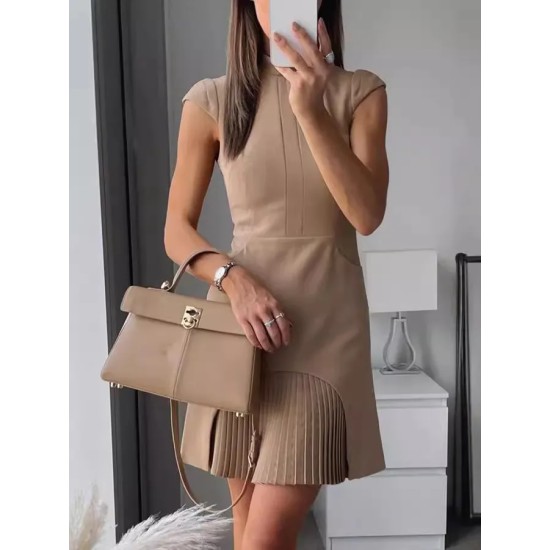 Women Fashion Casual Solid Color Round Neck Sleeveless Slim-Fit Dress