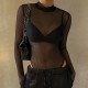 Women Sexy Solid Color Mesh See-Through Long Sleeve Bodysuits