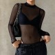 Women Sexy Solid Color Mesh See-Through Long Sleeve Bodysuits