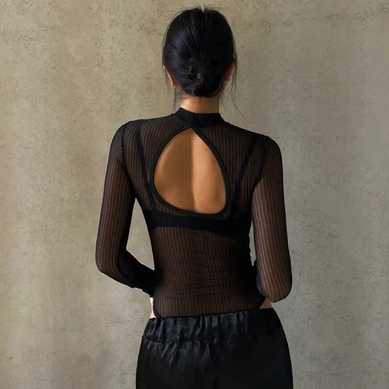 Women Sexy Solid Color Mesh See-Through Long Sleeve Bodysuits