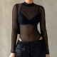 Women Sexy Solid Color Mesh See-Through Long Sleeve Bodysuits