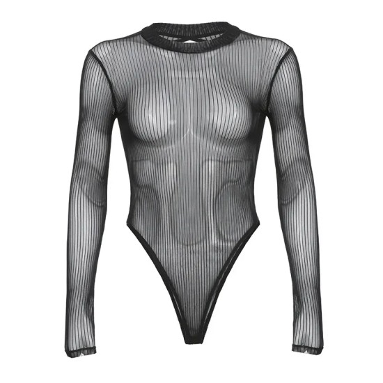Women Sexy Solid Color Mesh See-Through Long Sleeve Bodysuits