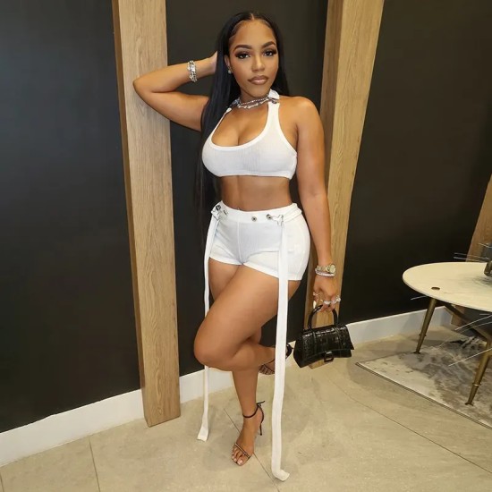 Women Fashion Sexy Solid Color Buckle Tank Top Tight Shrots Two-Piece Set