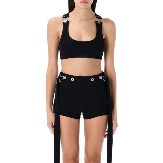 Women Fashion Sexy Solid Color Buckle Tank Top Tight Shrots Two-Piece Set