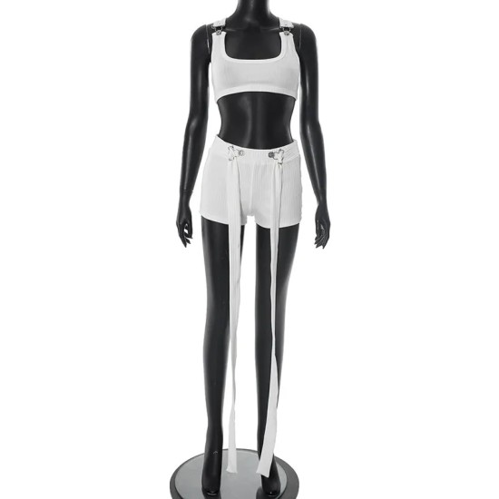 Women Fashion Sexy Solid Color Buckle Tank Top Tight Shrots Two-Piece Set