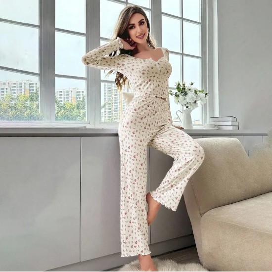 Women Fashion Casual Floral Printed V-Neck Long Sleeve Top Loose Pants Pajamas Two-Piece Set
