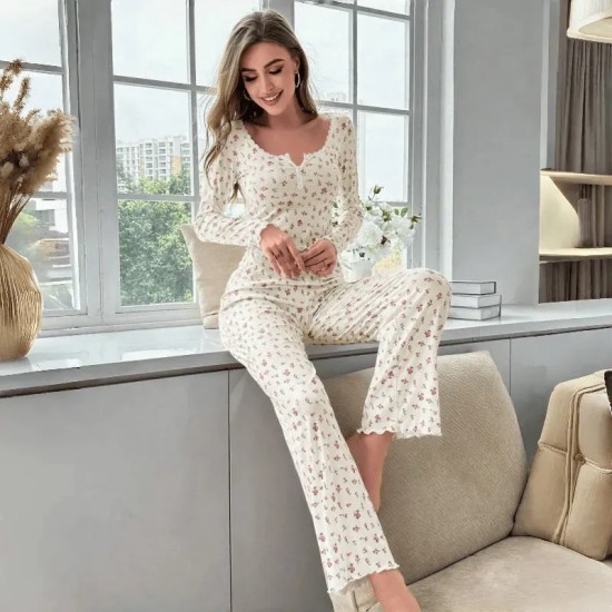 Women Fashion Casual Floral Printed V-Neck Long Sleeve Top Loose Pants Pajamas Two-Piece Set