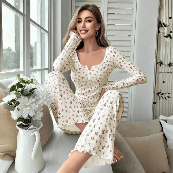 Women Fashion Casual Floral Printed V-Neck Long Sleeve Top Loose Pants Pajamas Two-Piece Set