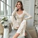 Women Fashion Casual Floral Printed V-Neck Long Sleeve Top Loose Pants Pajamas Two-Piece Set