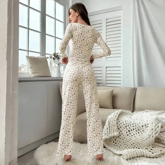 Women Fashion Casual Floral Printed V-Neck Long Sleeve Top Loose Pants Pajamas Two-Piece Set