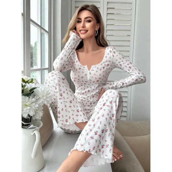 Women Fashion Casual Floral Printed V-Neck Long Sleeve Top Loose Pants Pajamas Two-Piece Set