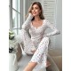 Women Fashion Casual Floral Printed V-Neck Long Sleeve Top Loose Pants Pajamas Two-Piece Set
