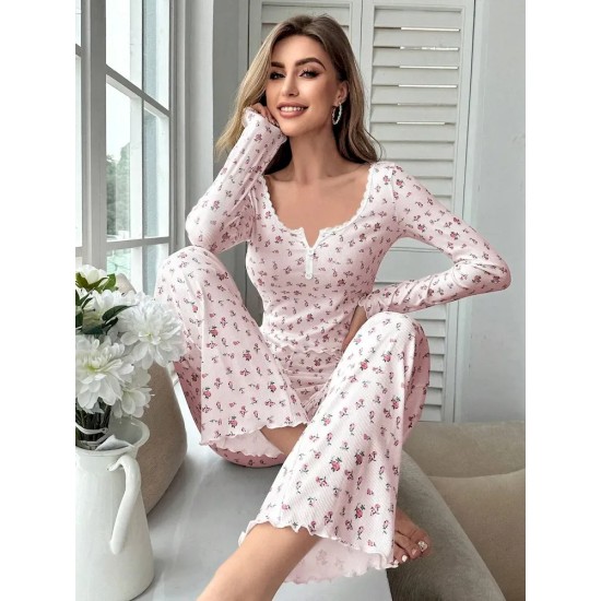Women Fashion Casual Floral Printed V-Neck Long Sleeve Top Loose Pants Pajamas Two-Piece Set