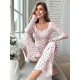 Women Fashion Casual Floral Printed V-Neck Long Sleeve Top Loose Pants Pajamas Two-Piece Set