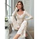 Women Fashion Casual Floral Printed V-Neck Long Sleeve Top Loose Pants Pajamas Two-Piece Set