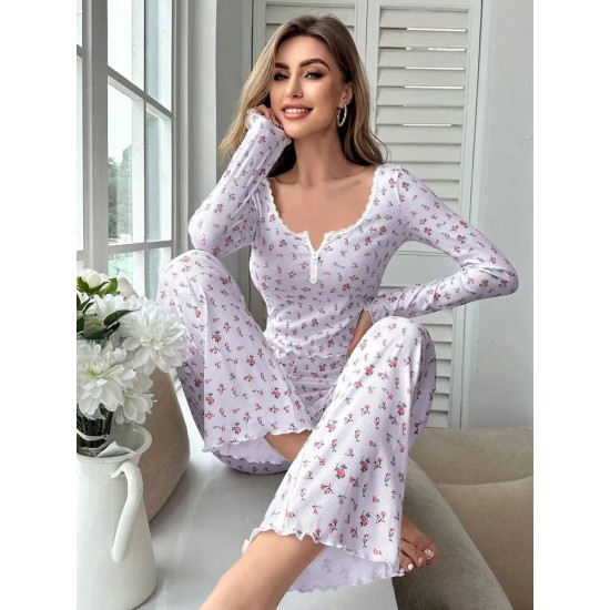 Women Fashion Casual Floral Printed V-Neck Long Sleeve Top Loose Pants Pajamas Two-Piece Set