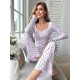 Women Fashion Casual Floral Printed V-Neck Long Sleeve Top Loose Pants Pajamas Two-Piece Set