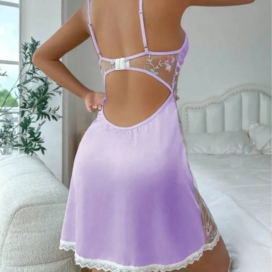 Women Fashion Sexy Floral Lace Splicing Deep V Backless Pajamas
