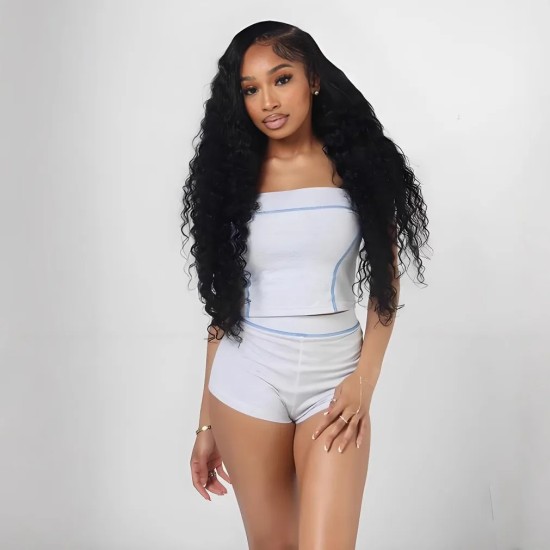 Women Fashion Color-Contrast Tube Top Tight Shorts Two-Piece Set