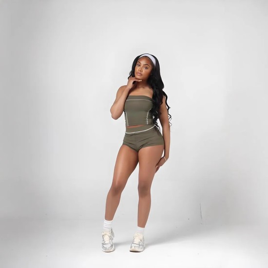 Women Fashion Color-Contrast Tube Top Tight Shorts Two-Piece Set