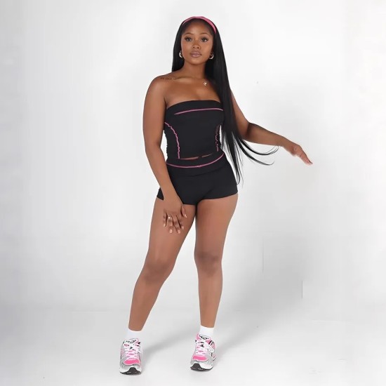 Women Fashion Color-Contrast Tube Top Tight Shorts Two-Piece Set