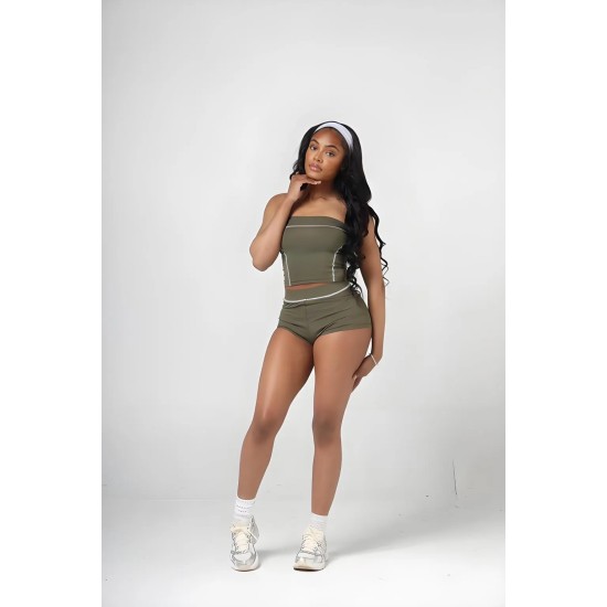 Women Fashion Color-Contrast Tube Top Tight Shorts Two-Piece Set