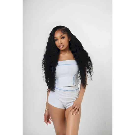 Women Fashion Color-Contrast Tube Top Tight Shorts Two-Piece Set