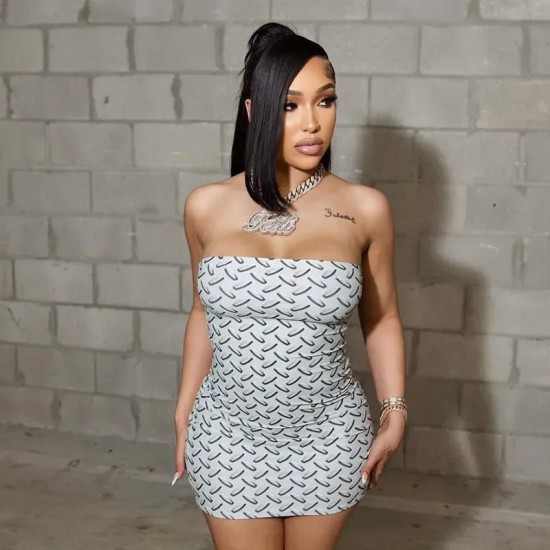 Women Fashion Sexy Geometric Print Tube Top Backless Tight Dress