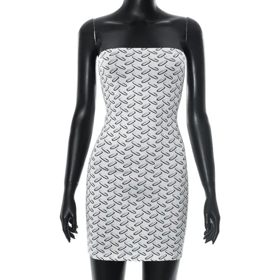 Women Fashion Sexy Geometric Print Tube Top Backless Tight Dress